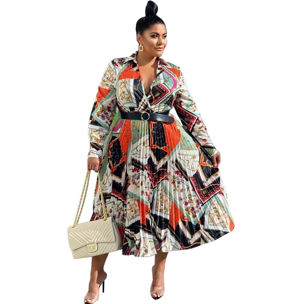Multicolor Pleated Geometric Print Dress